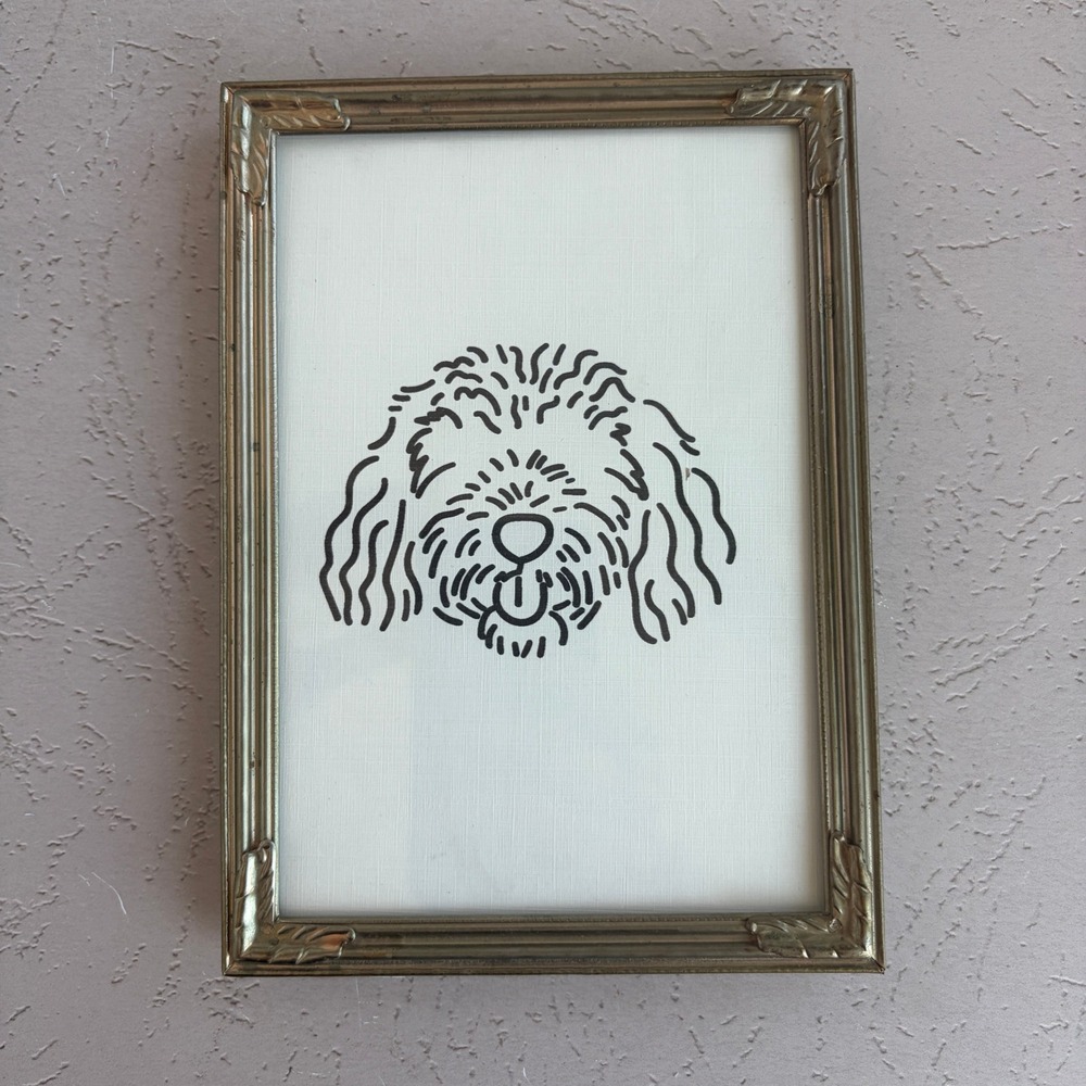 Vintage Brass Frame Goldendoodle Dog Line Art Portrait Minimalist Decor 5x7